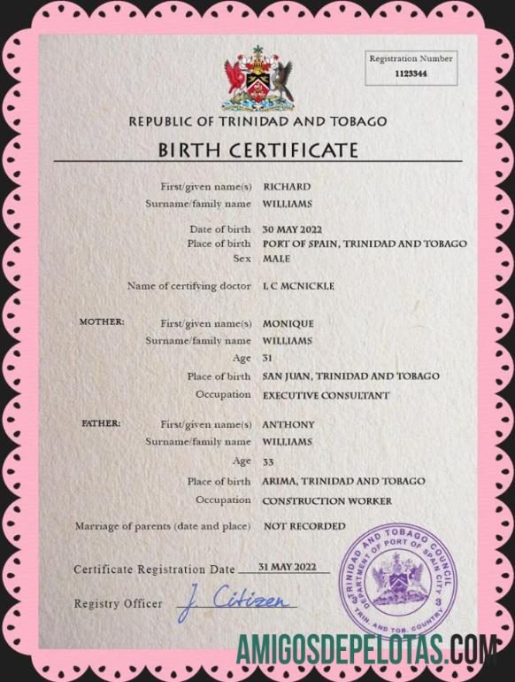 Em branco modelo PSD de certidão de nascimento de registro vital de Trinidad e Tobago